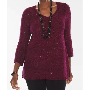Chico’s sparkly Burgundy Chenille Shine V-Neck pullover sweater size 2 (L)